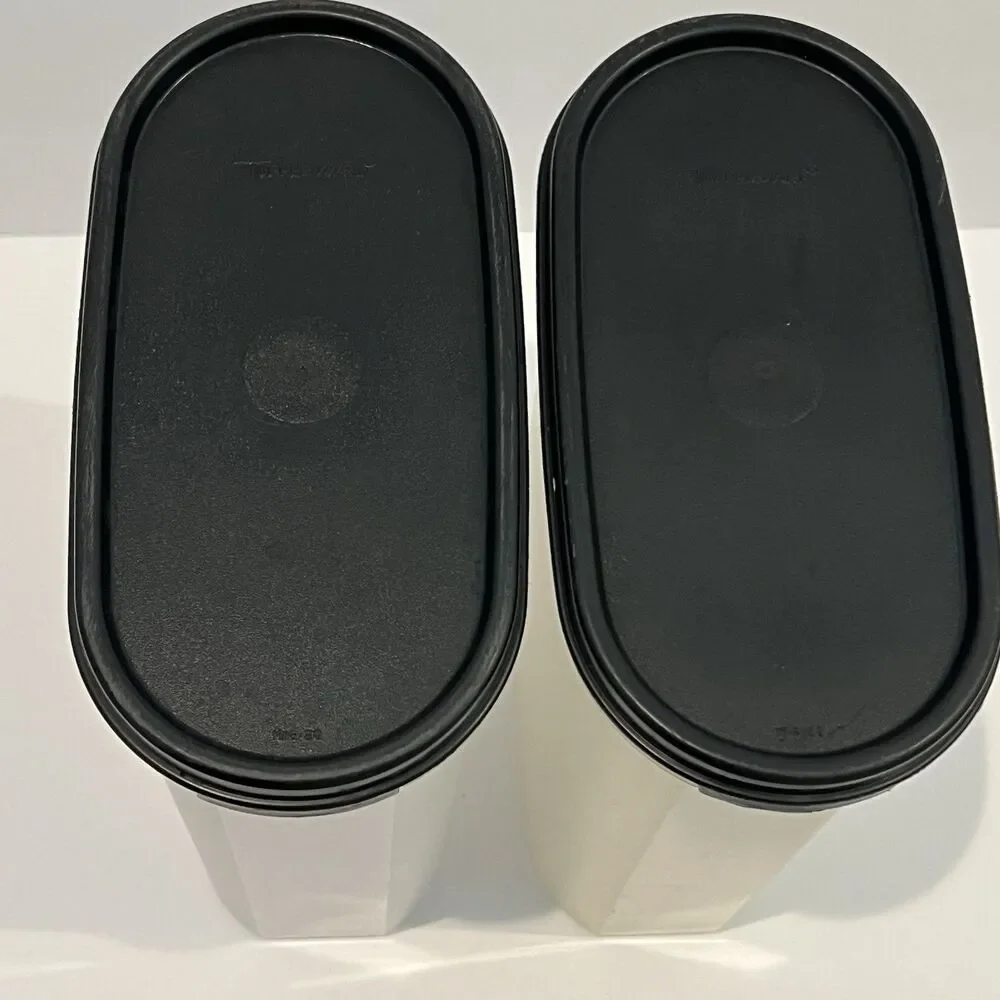 Tupperware Set of 2 Modular Mates Oval #4 Container Black Seal Lid Clear Labels